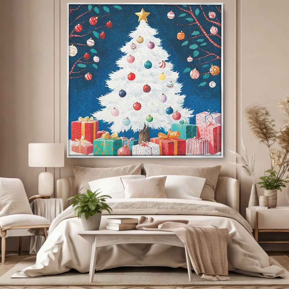 Tablou canvas cu pictura cu brad alb de craciun, in rama de aluminiu argintiu, pe perete intr-un dormitor